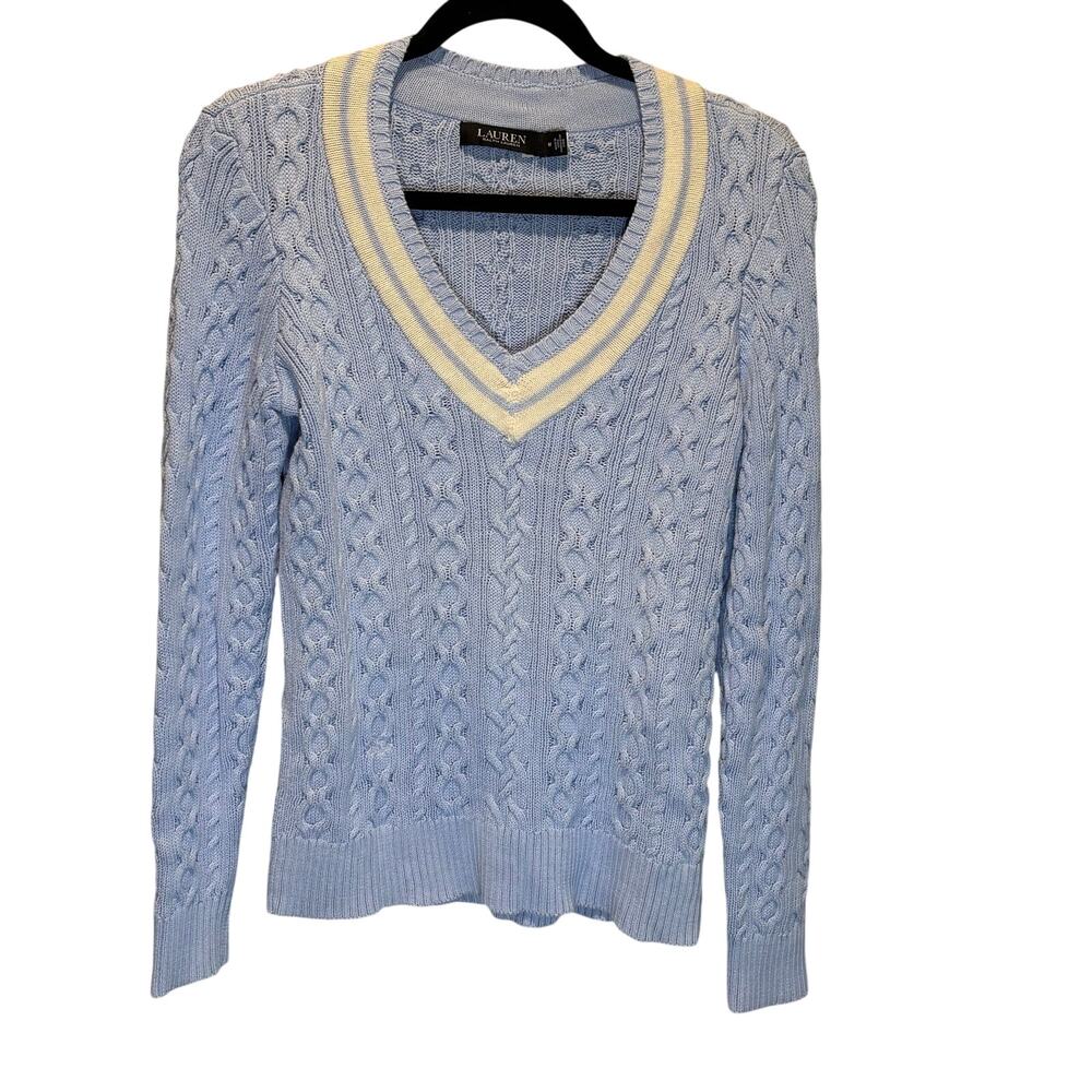 Lauren Ralph Lauren Baby Blue V-Neck Cable Knit Sweater - size Medium